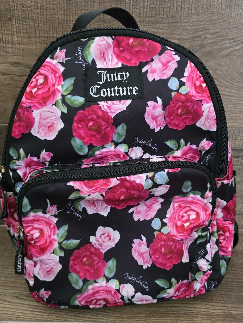 Juicy Couture Nylon Backpack Purse Black Pink Floral Roses Medium Size